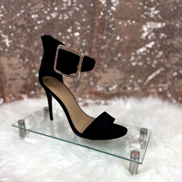 Black Suede Open Toe Heels with Gold Buckle on Ankle Strap - Picture 2 of 4
